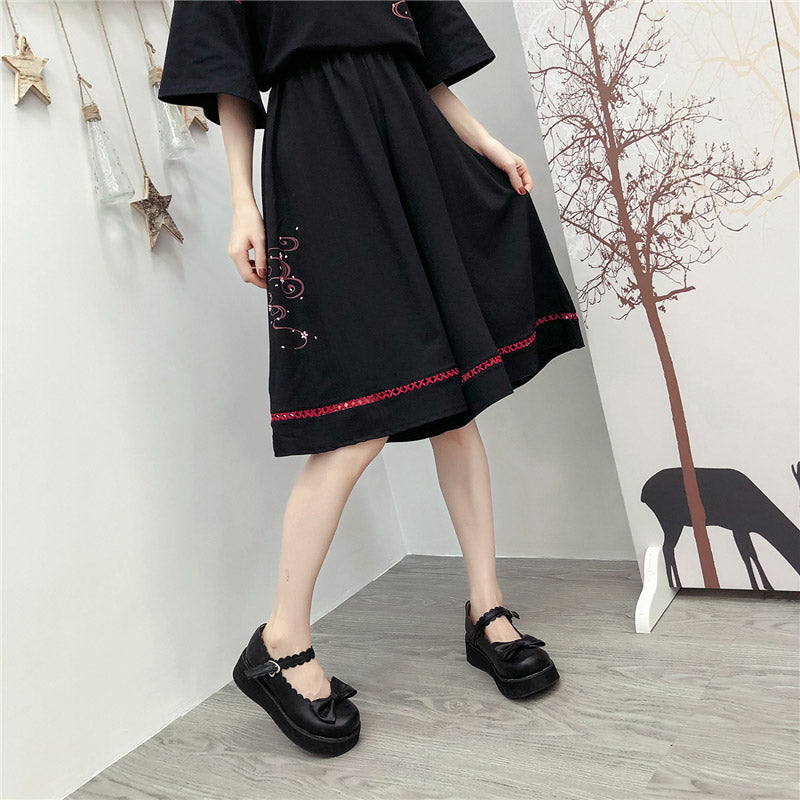 Black Sakura Fox Print Lace Up T-Shirt Wide Leg Pants Modakawa