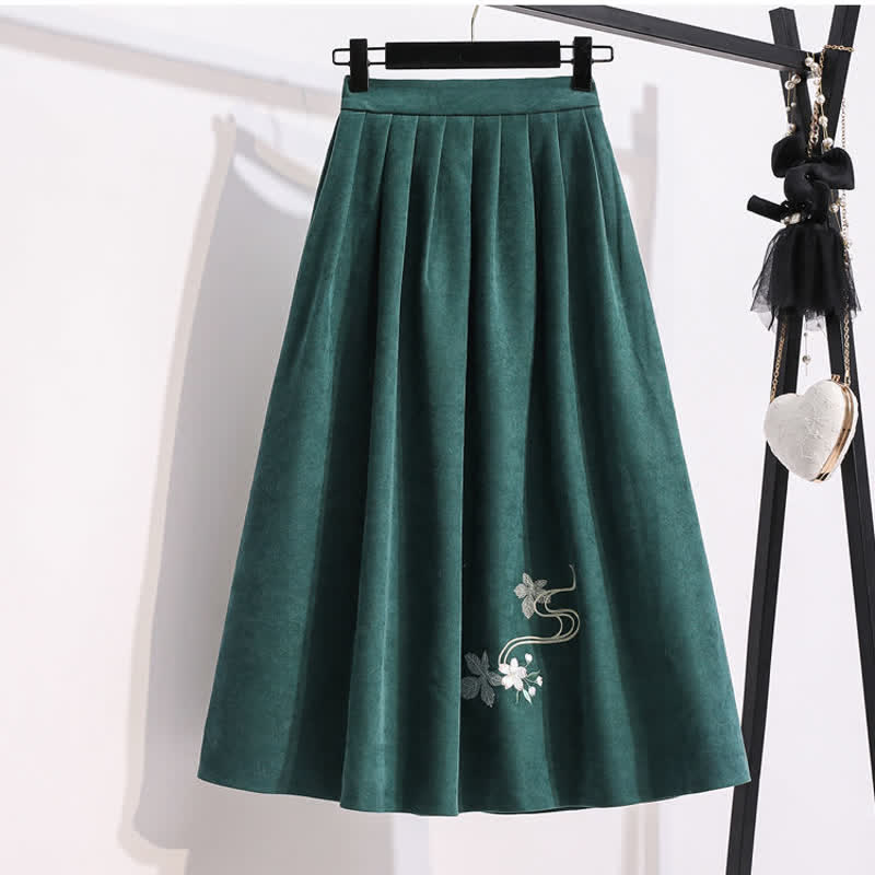 Green Floral Bow Knot Coat Pleated Skirt Vintage Set Modakawa