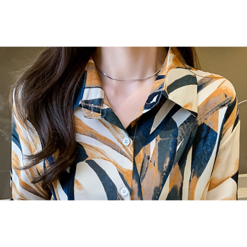 Elegant Colorblock Lapel Long Sleeve Chiffon Shirt modakawa