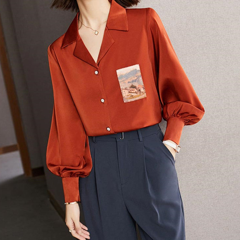 Vintage Red Puff Sleeve Chiffon Shirt Modakawa