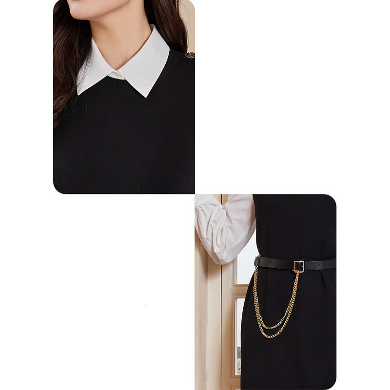 Black Split Knit Vest Lapel Shirt Dress Set With Belt modakawa