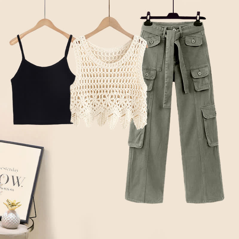 Hollow Out Crochet Crop Top Cami Top Cargo Pants modakawa