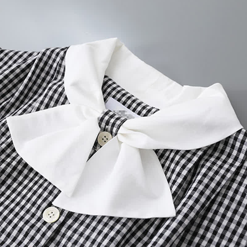 Lattice Print Bow Tie Puff Sleeve Shirt Workwear modakawa