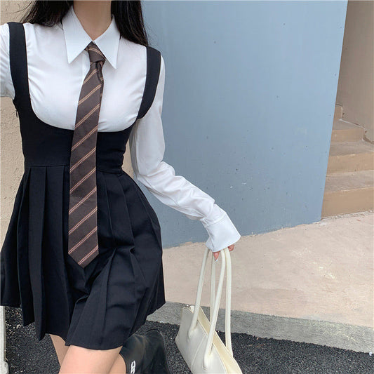 White Shirt Pleated Suspender Skirts Tie Set Modakawa