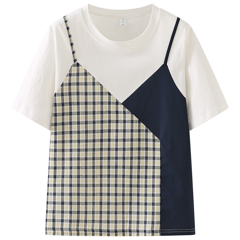 Sweet Plaid Color Block Fake Two Piece T-Shirt modakawa