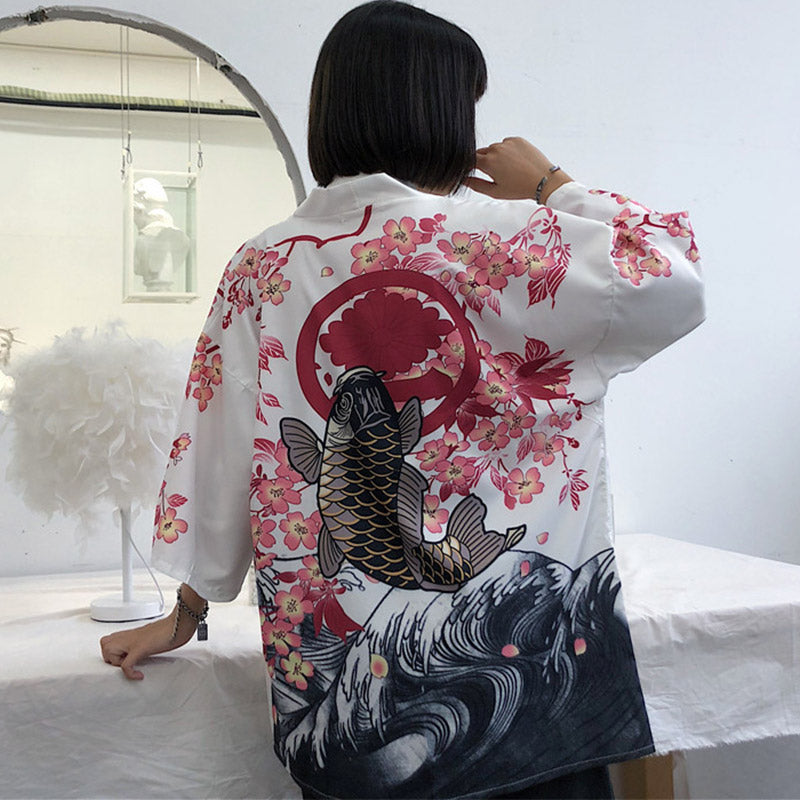 Black Fish Floral Kimono Outerwear Sun Protective modakawa