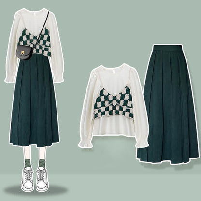 Green Plaid Vest Chiffon Shirt Pleated Skirt Set Modakawa