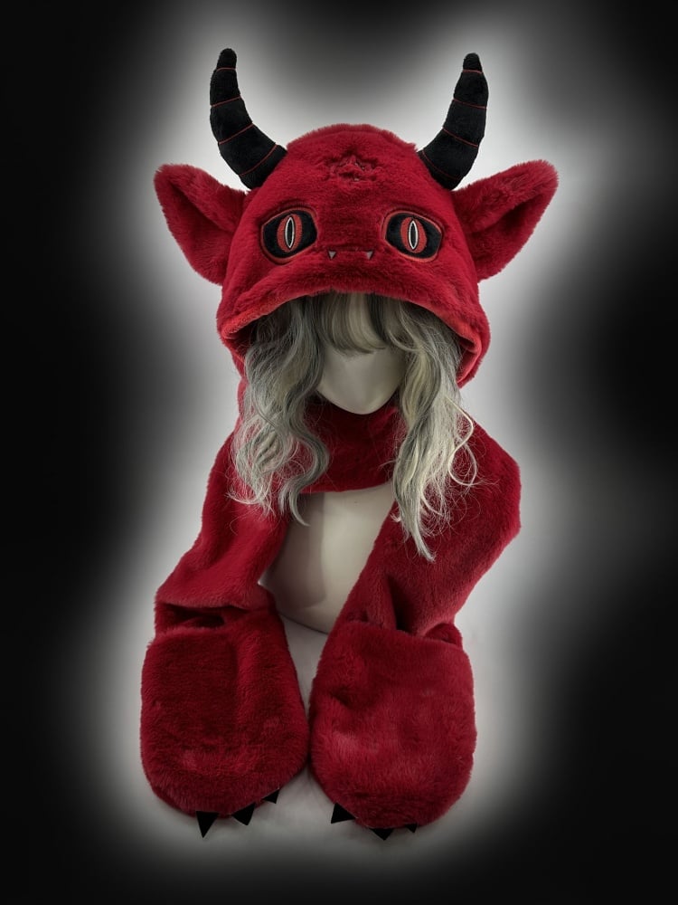 Red Devil Gothic Winter Scarf Gloves Plush Hat mySite