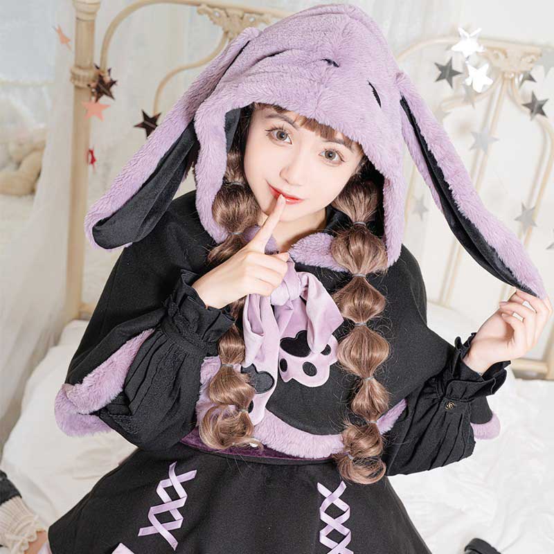 Purple Long Bunny Ears Hooded Bowknot Plush Short Cape modakawa