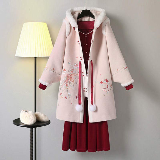 Charming Floral Embroidery Hooded Coat Dress Set Modakawa