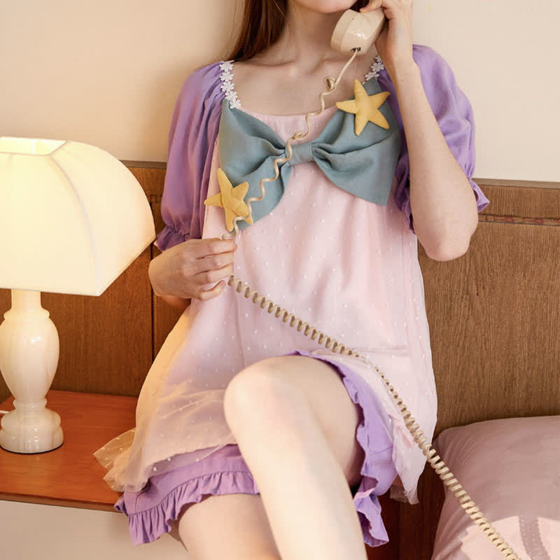 Square Collar Bowknot Mesh Mermaid Nightgown Pajamas Set modakawa