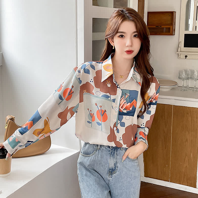 Colorblock Floral Print Casual Shirt modakawa