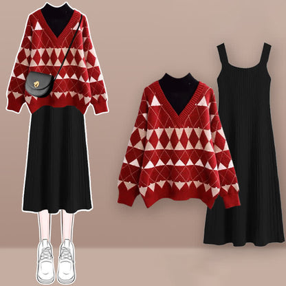 Red Rhombus Plaid Sweatshirt Slip Dress Set modakawa