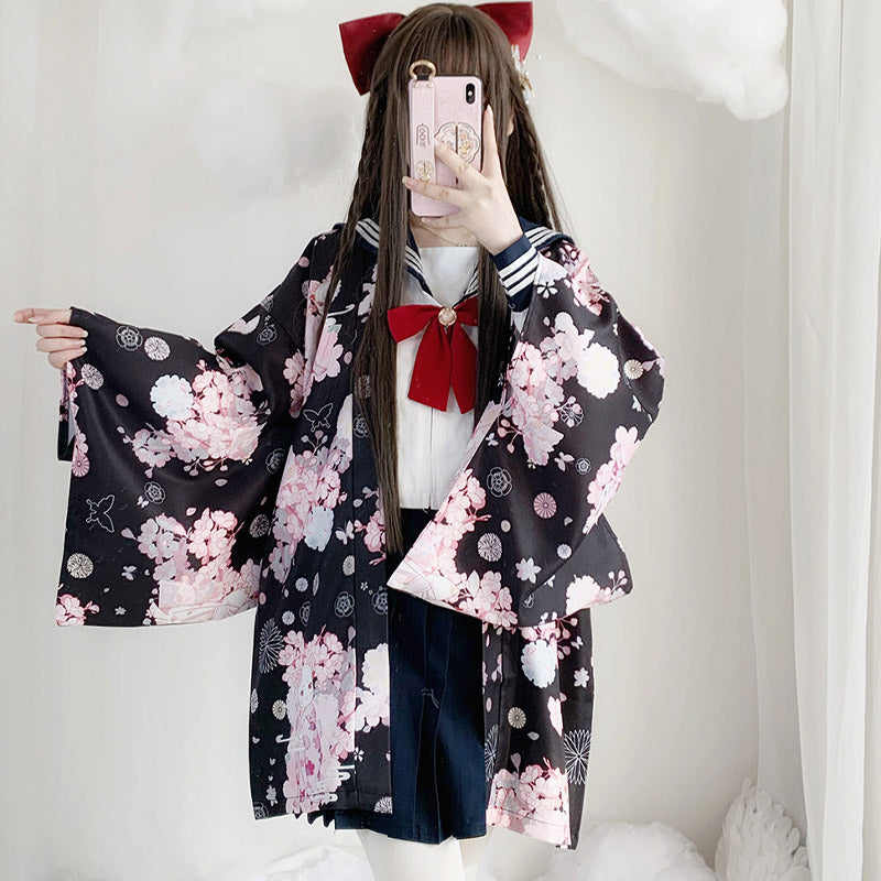 Cat Sakura Print Loose Cardigan Kimono Outerwear modakawa