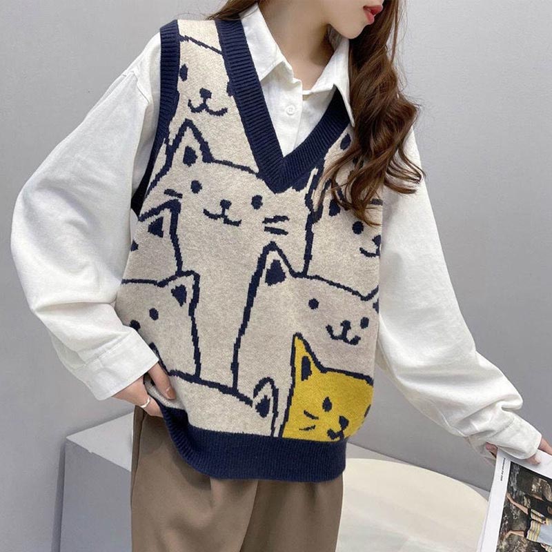 Cute Kitty Print Vest Lace Up Shirt Set Modakawa