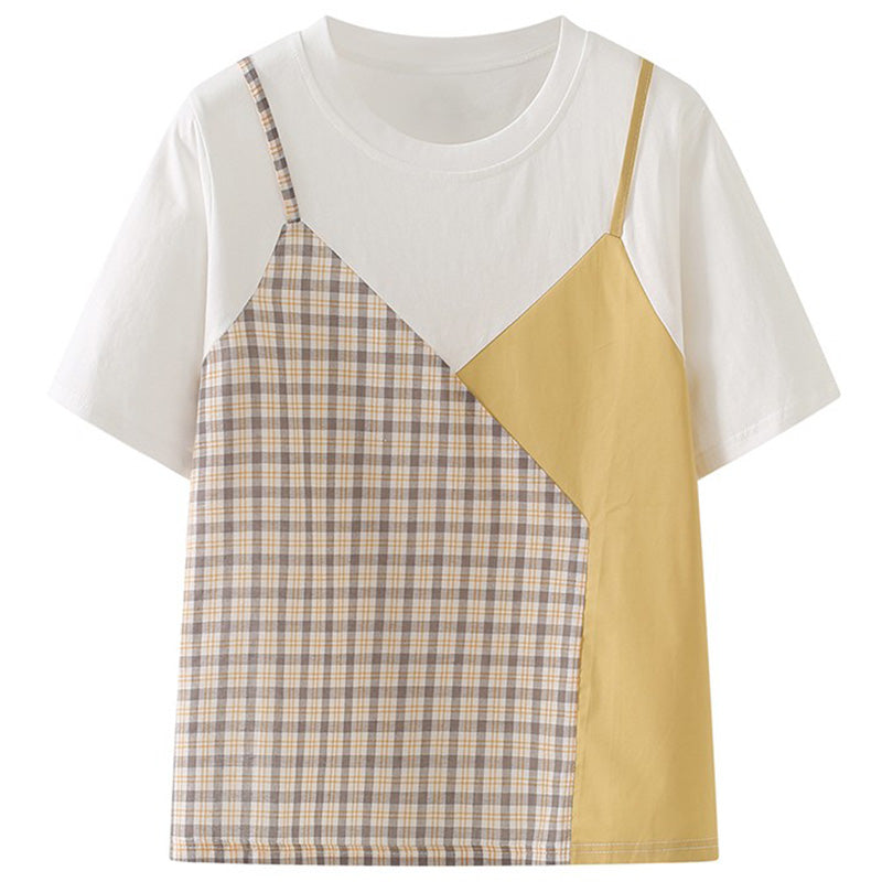 Sweet Plaid Color Block Fake Two Piece T-Shirt modakawa