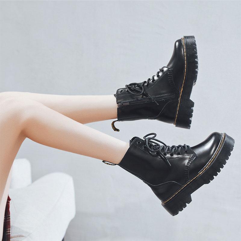 Black Leather Platform Lace Up Martin Boots Modakawa