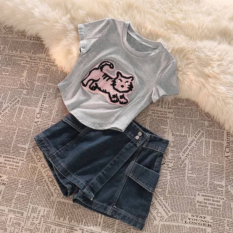 Pink Tiger Embroidery Crop Top T-Shirt Denim Shorts modakawa