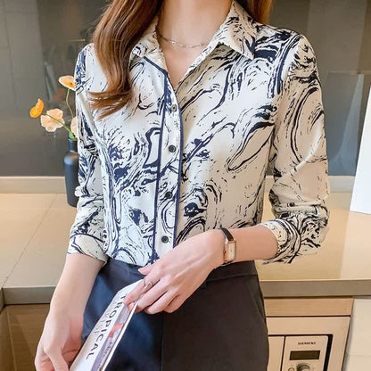 Ink Painting Print Long Sleeve Lapel Shirt modakawa