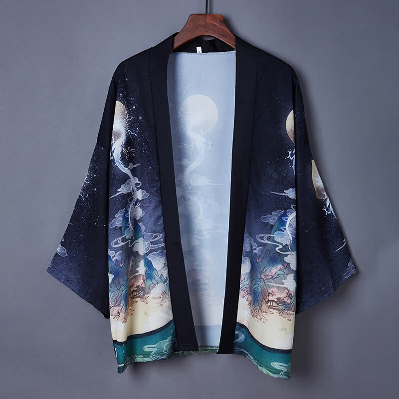 Charming Carp Dragon Print Casual Cardigan Kimono Outerwear modakawa