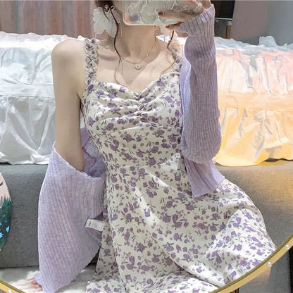 Sweet Cardigan Floral Print Slip Dress Set modakawa