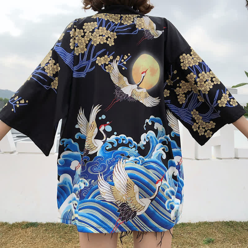 Fashion Crane Blossom Print Cardigan Outerwear modakawa