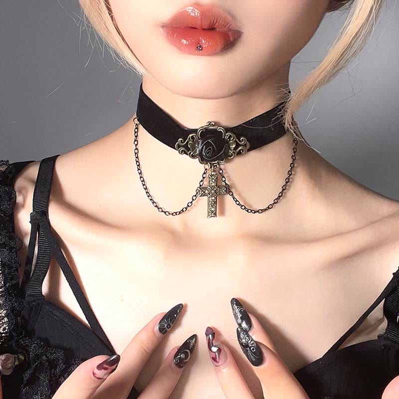 Gothic Punk Retro Lace Crystal Lolita Chocker modakawa