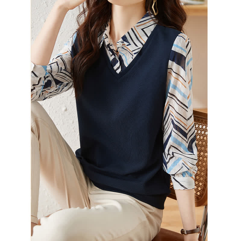 Chic Stripe Print Lapel Shirt modakawa