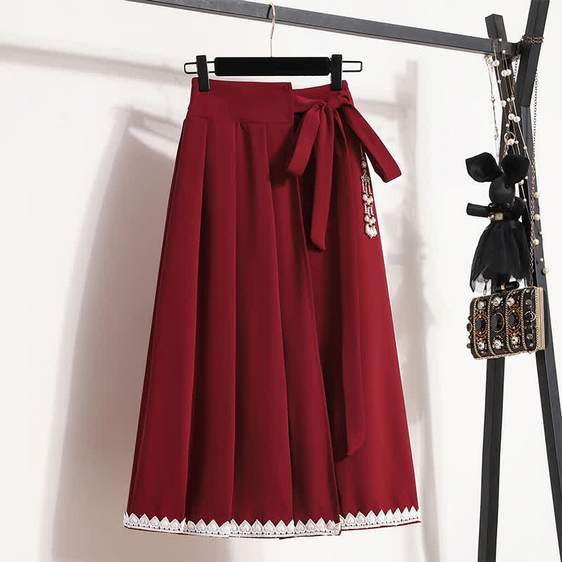 Elegant Pure Color Puff Sleeve T-Shirt Lace Up Pleated Skirt modakawa