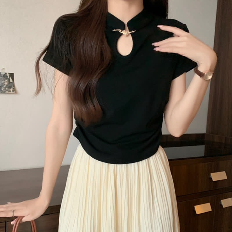 Classic Black Buckle Ruffled Top T-Shirt modakawa