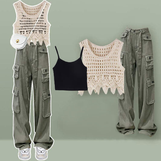 Hollow Out Crochet Crop Top Cami Top Cargo Pants modakawa