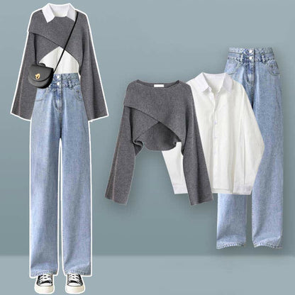 Chic Cross Knit Sweater Lapel Shirt Denim Pants Set Modakawa