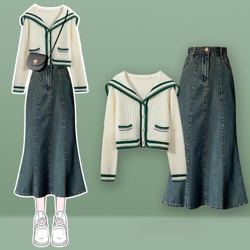 Sailor Collar Cable Sweater Slip Dress Denim Skirt Modakawa