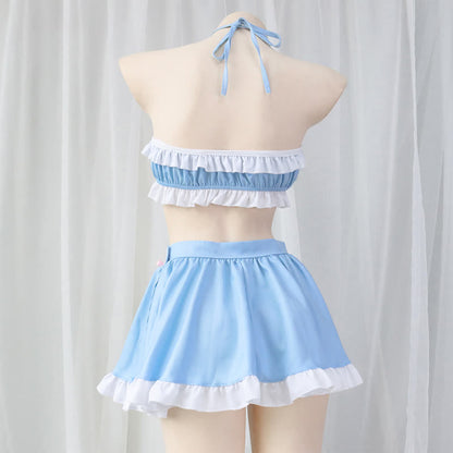 Sweet Blue Lace Up Ruffled Maid Skirt Lingerie Stockings Set Modakawa