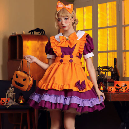 Cute Orange Bow Decor Puff Sleeve Maid Dress Modakawa