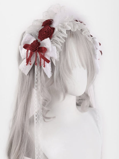 White Bowknots with Red Rosettes and Beads Hairband mySite