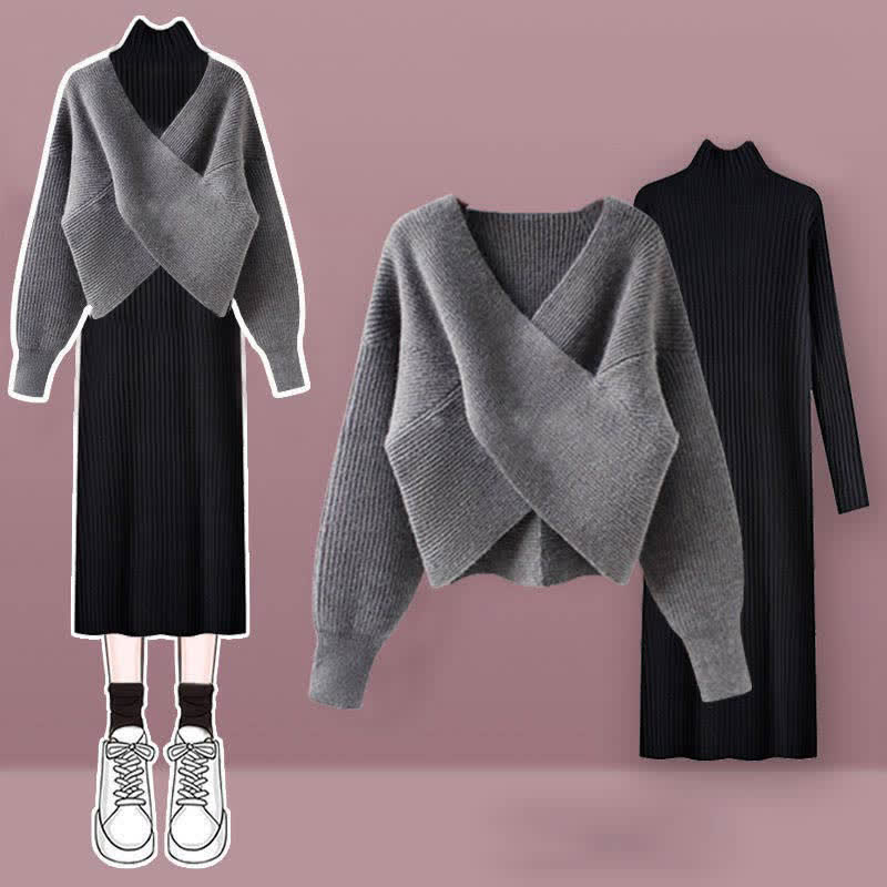 Chic Cross Knit Sweater Dress Set modakawa