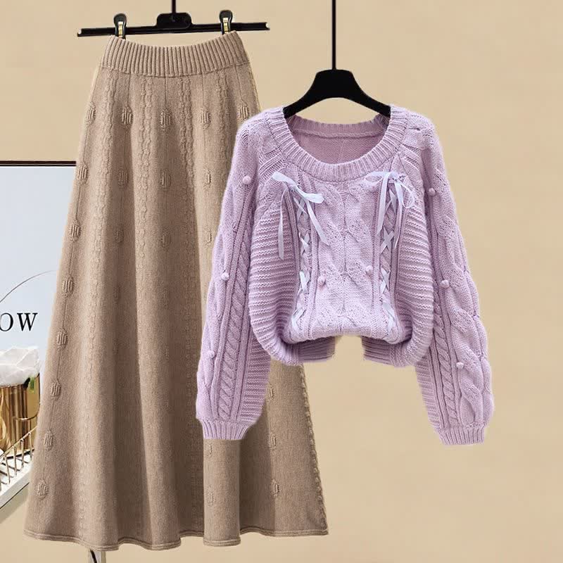 Pills Decor Cable Knit Sweater Skirt Set modakawa