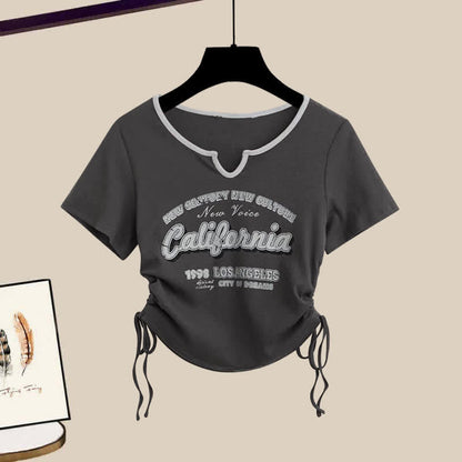 Casual Letter Print Drawstring Crop Top T-Shirt Pocketed Cargo Pants modakawa