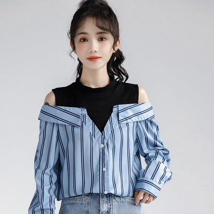 Fake Two Piece Striped Strapless Shirt Modakawa