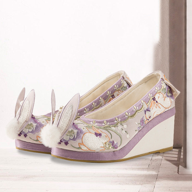 Cute Purple Bunny Fuzzy Ball Platform High Heels Shoes Modakawa