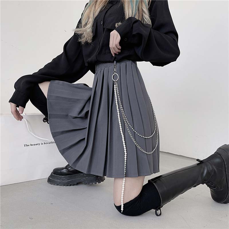 Gothic Chain Pure Color Pleated Skirt modakawa