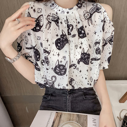 Kitty Print Cold Shouder Chiffon Shirt Casual Denim Shorts modakawa