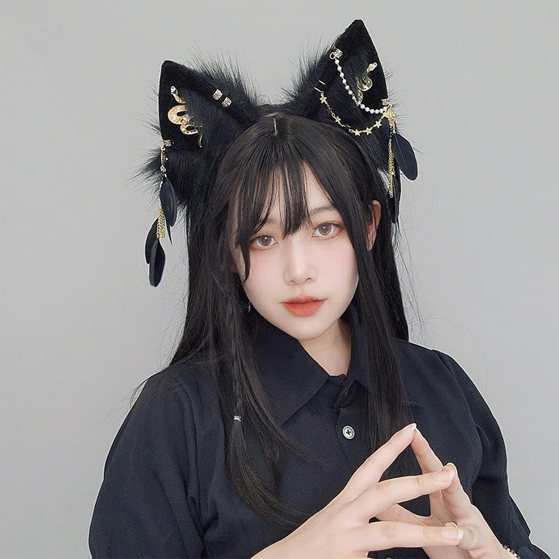 Black Snake Feather Wolf Ears Furry with Chain Headband modakawa