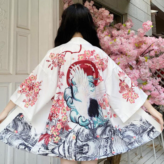 Vintage Crane Sakura Floral Print Cardigan Kimono Outerwear modakawa