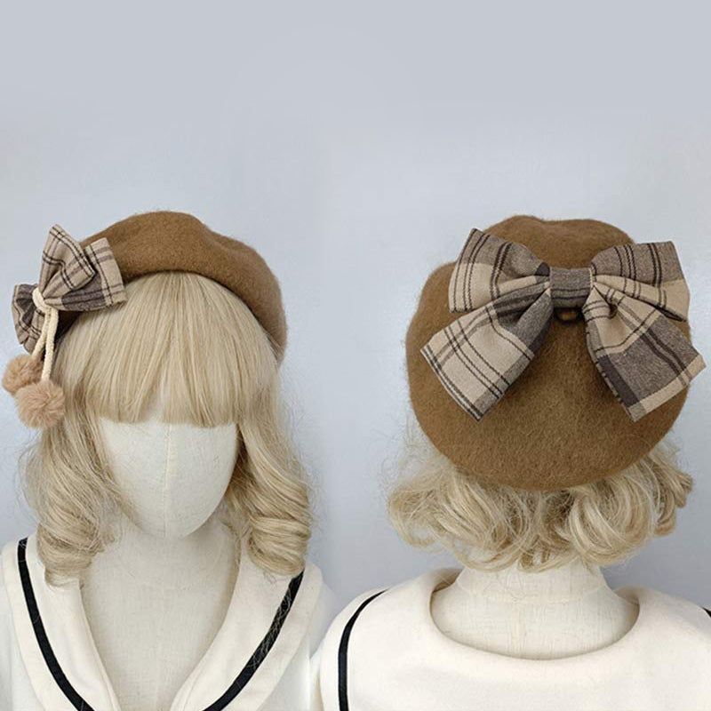 Vintage Bow Knot Plaid Lolita Beret modakawa