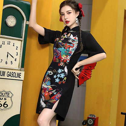 Charming Colorful Print Short Sleeve Cheongsam Dress modakawa