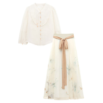 Sweet Puff Sleeve Shirt Floral Print Pleated Midi Skirt modakawa