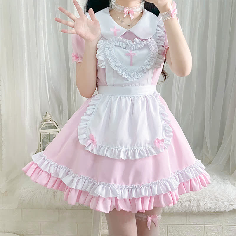 Kawaii Cross Print Ruffled Maid Lolita Dress Set Modakawa