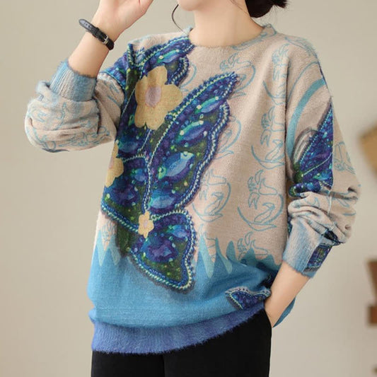 Vintage Blue Flower Butterfly Print Sweater modakawa